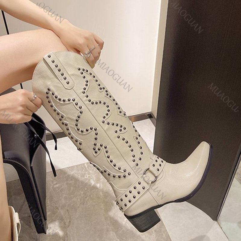 Fashion Vintage Belt Buckle Rivets Western Cowboy Knee High Boots Women 2025 Autumn Pointed Toe Chunky Heeled V-mouth Long Knight Boots
