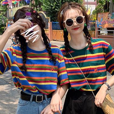Summer Casual Loose T Shirt Women's Streetwear Harajuku Rainbow Stripes Short Sleeve T-shirts for Women Y2k Tops Vintage Clothes