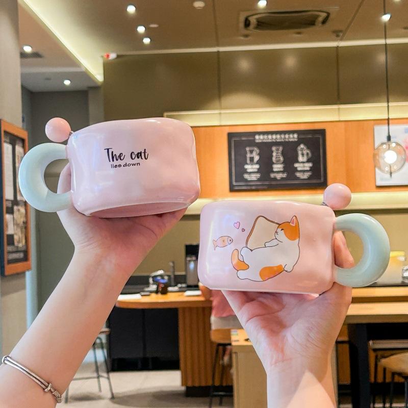 Girly heart cute cat ceramic mug couple breakfast milk cup office gift coffee cup birthday gift