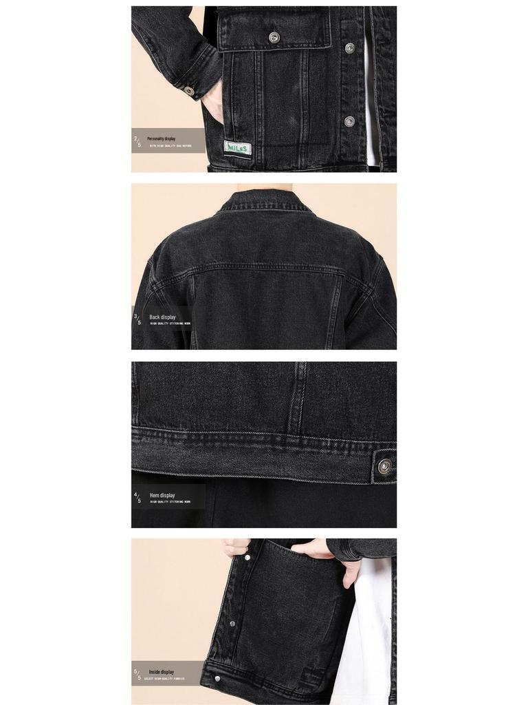 Men's Black Embroidered Loose Denim Jacket - Casual Autumn Plus Size Workwear