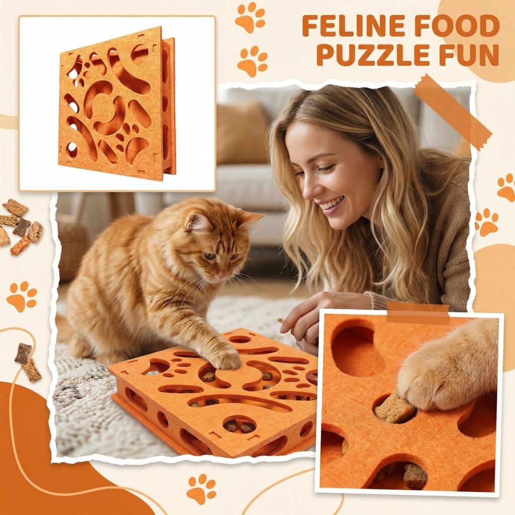 Interactive Cat Food Puzzle Toy Durable Felt Material Pet Treat Dispenser for Mental Stimulation and Slow Feeding Activity Board