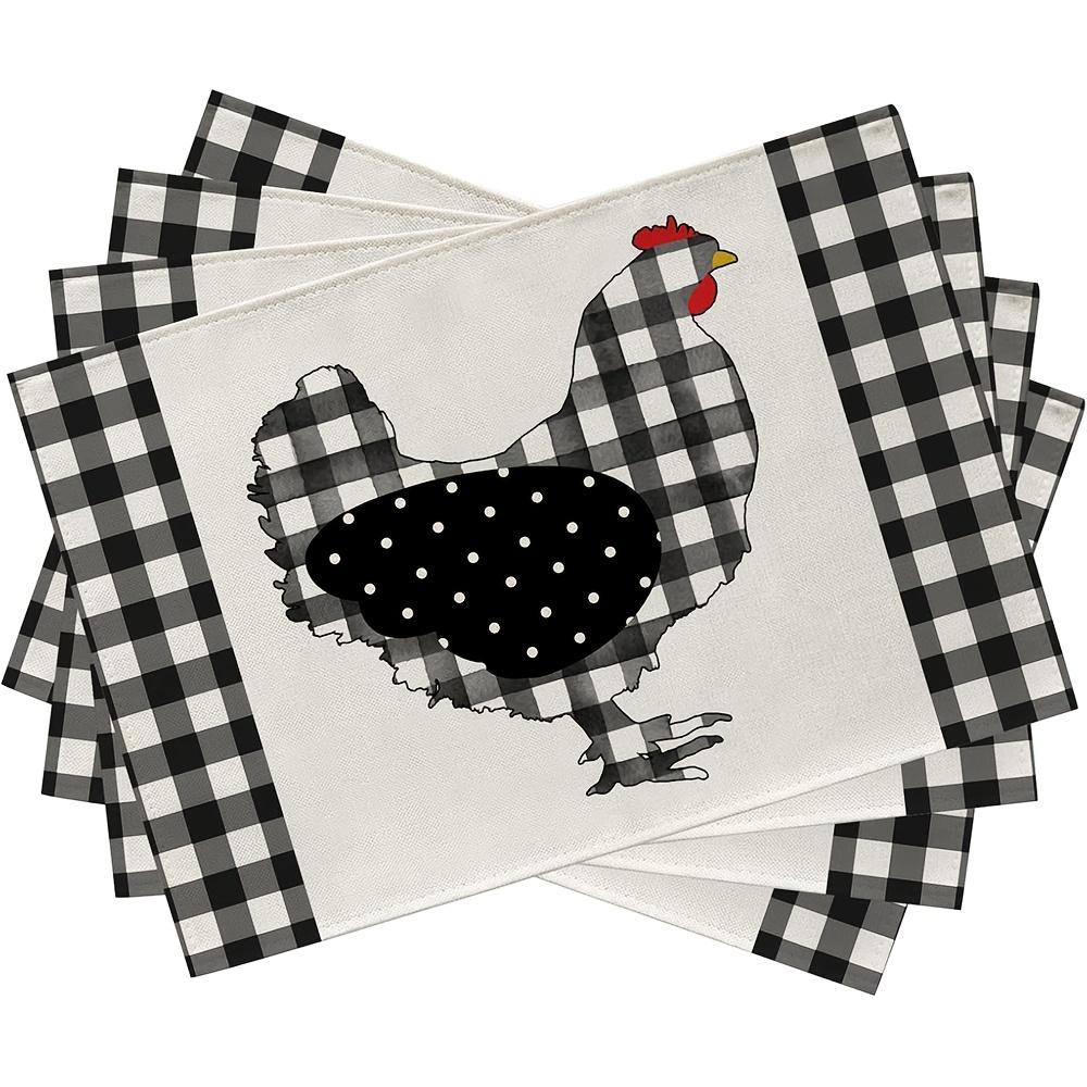 

4pcs Farm Chicken Hen Animal Placemats Set of 4, Black White Buffalo Check Plaid Farmhouse Chick Dining Table Place Mats, Spring 30x45cm-4PC