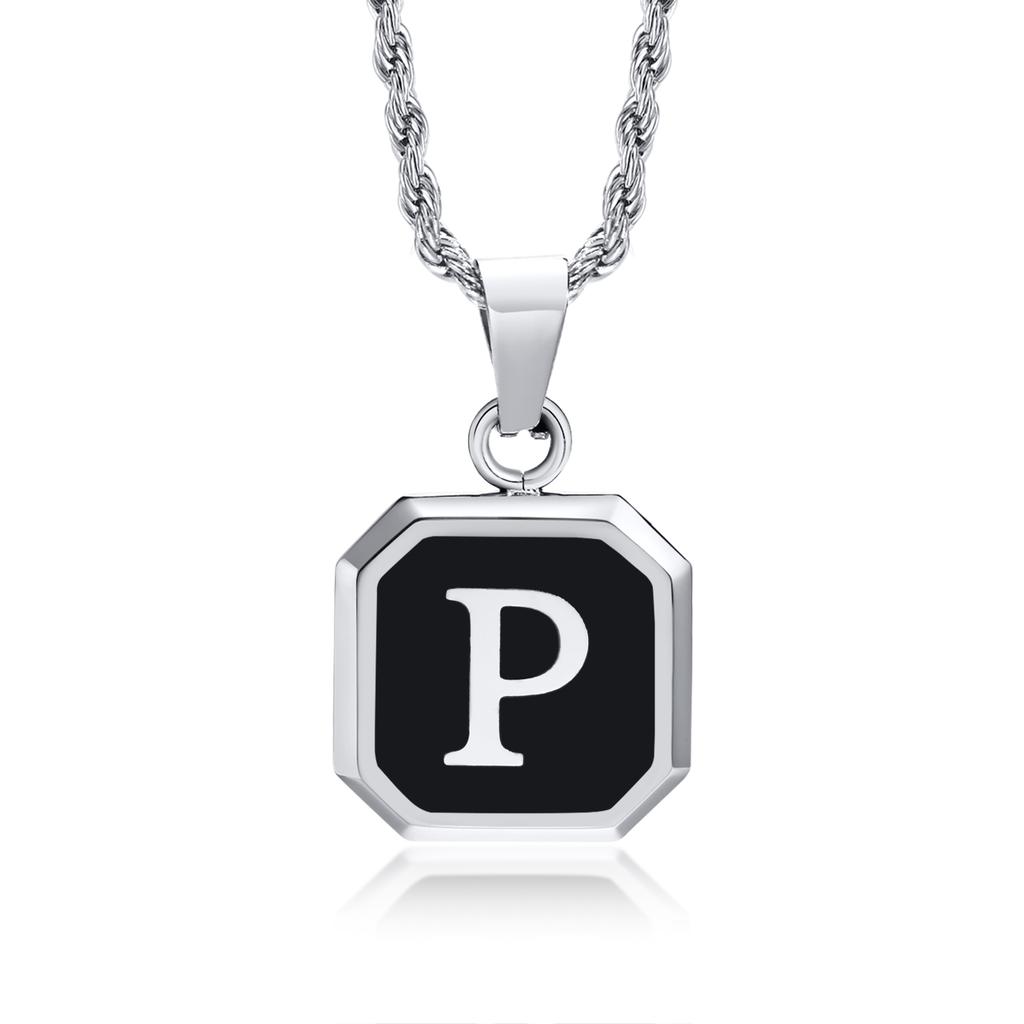Initials Necklaces for Men Women,A-Z 26 Letters Black Square Stainless Steel Pendant Collar,45-60CM Twisted Rope Chain Gifts