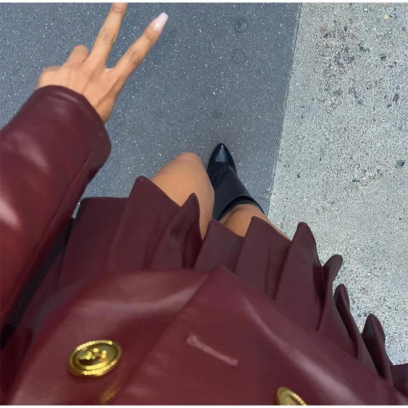Women's Pleated Leather Skirt Slim Sexy and Fashionable A-line Leather Skirts Trendy New Style