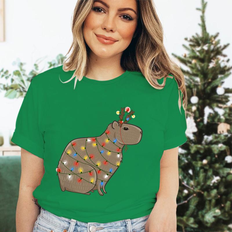 Womens Christmas Tshirt Funny Capybaras Lights Design Festive Crew Neck Girls Clothing Merry Christmas Capybara Cartoon Tshirt