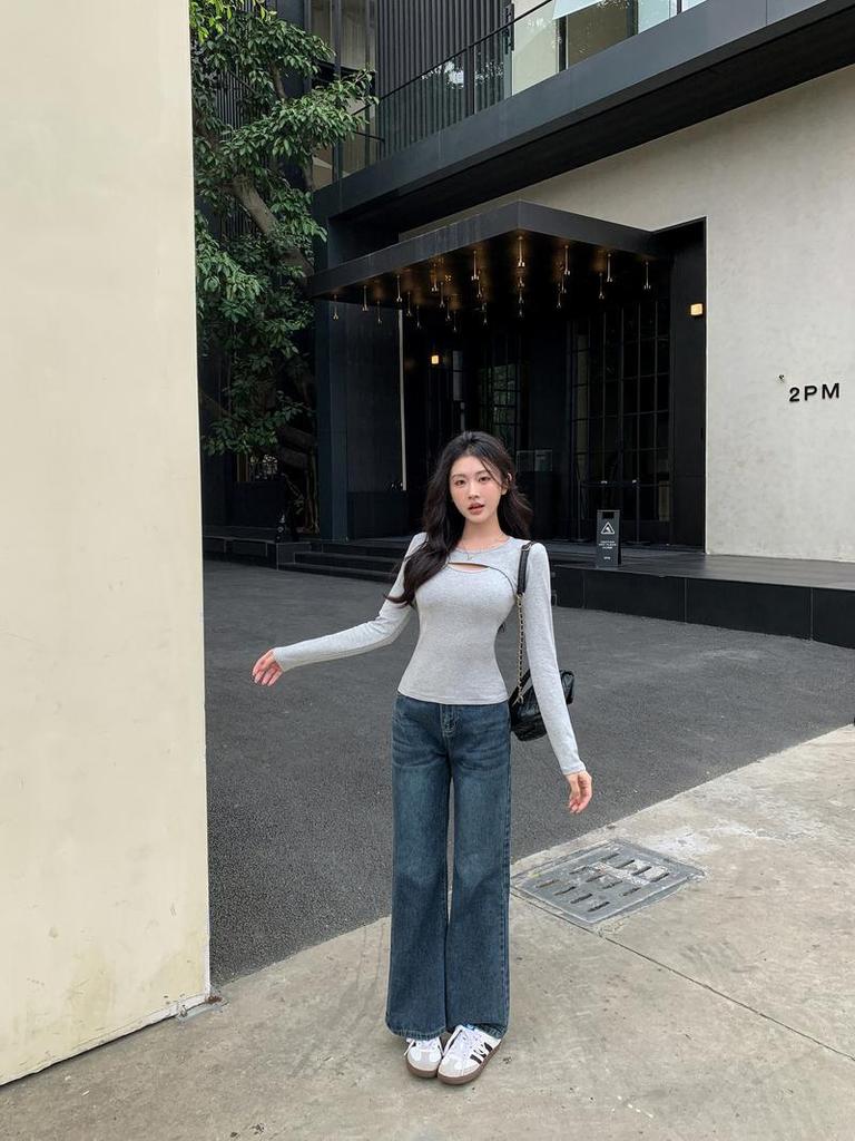 Damen-Langarm-Basisshirt mit Aussparungen, Herbst/Winter 2025, Unifarben, Trendiger Hot Girl Style, Perfekt zum Schichten oder solo Tragen.