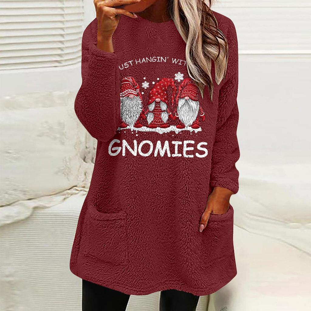 European & American Women's Dwarf Letter Print Plush Hoodie - Round Neck, Loose Fit, Long Sleeve, with Pockets