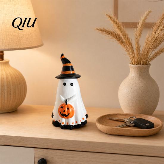 Halloween Ghost Decoration Figurine with Witch Hat, Cute Small Resin Smooth Texture Statue Holding Pumpkin for Home Table Shelf Desk Decor Seasonal