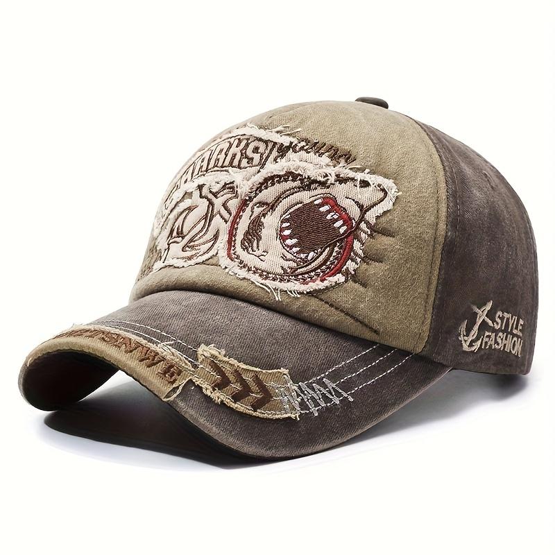 

Retro Washed Distressed Duckbill Cap, Unisex Spring Autumn Shark Embroidery Adjustable Soft Hat хаки