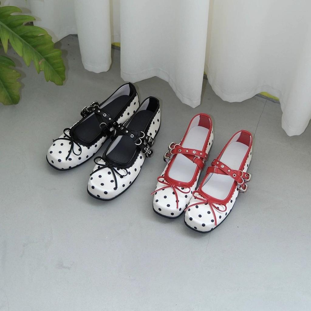 French retro ballet shoes women's soft sole 2025 new red polka dot satin Mary Jane shoes women's flat shoes