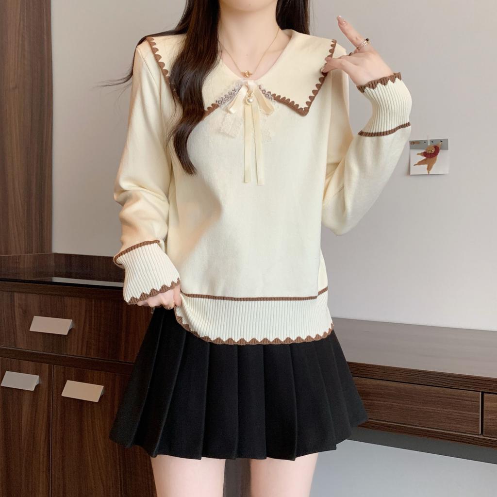 Sweater Female Autumn and Winter Sweet Doll Collar Shows Thin All Tie Bowtie Long-sleeved Blouse