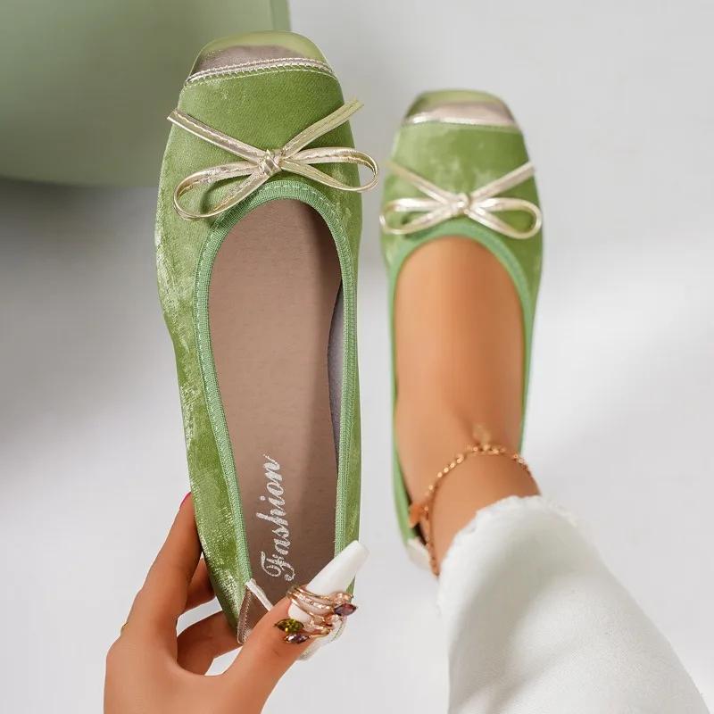 Fashion Women's Ballet Flats 2025 Gold Square Toe Shoes Women Spring Shallow Ladies Flat Shoes Casual Slip on Fashion Bow Zapatos Mujer