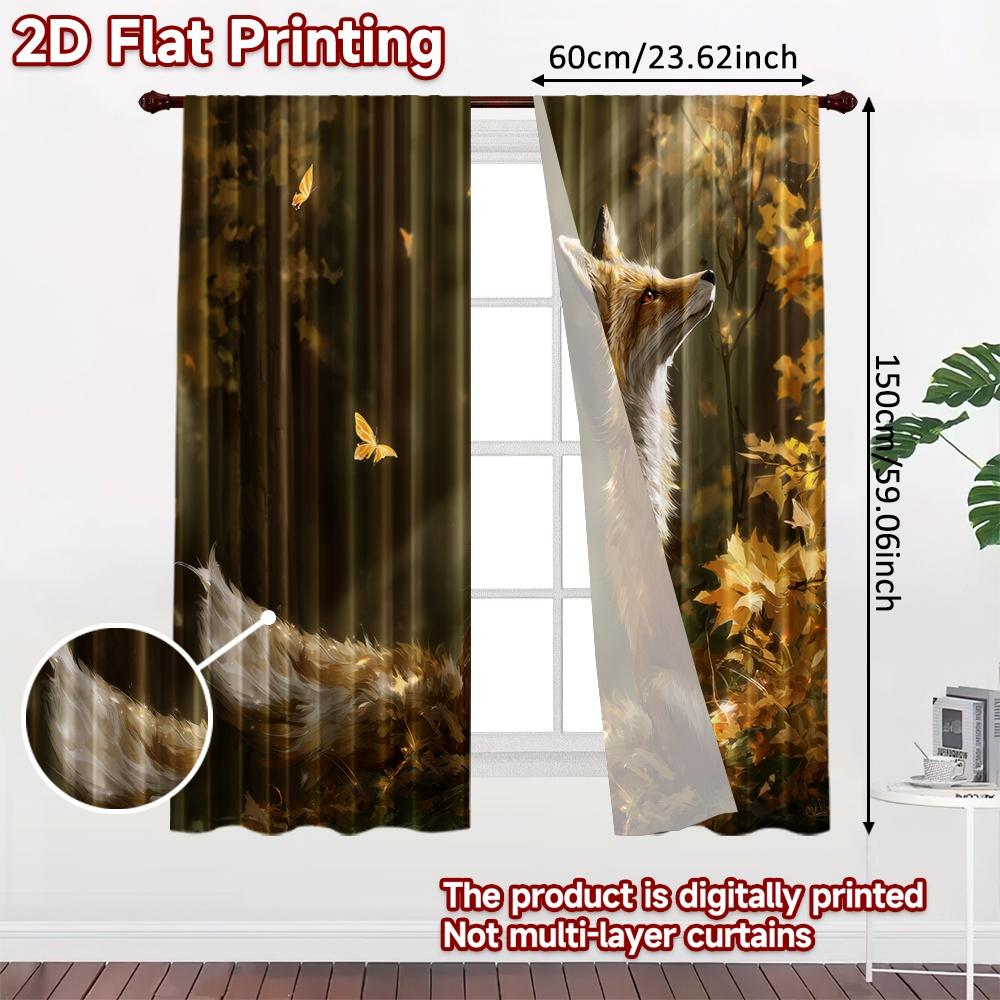 2pcs, 2D FLAT PRINTING Curtains (Without Rod) Autumn Fox Halloween Festival Creative Curtains Polyester Curtains Decorations