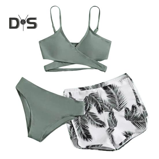 3dílná sada plavek s ramínky, podprsenkou s výstřihem do V a středním pasem, sada plavek, jednobarevné bikiny s kraťasy s potiskem peří