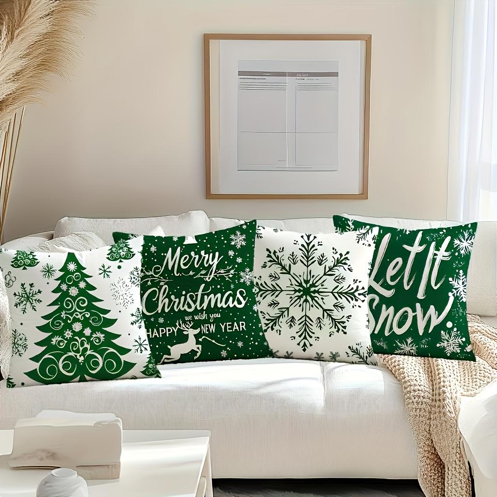 4pcs Pcs Christmas Tree & Snowflake Throw Pillow Covers - Double-Sided Zipper Cushion Cases Suitable Bedroom Car Office, Machine Washable Green Snowfl