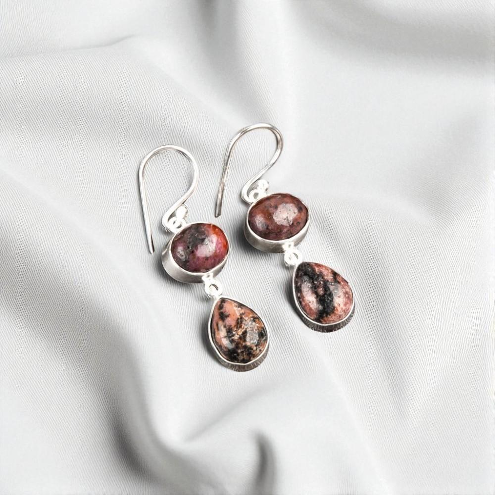 Black Rhodonite Gemstone 925 Sterling Silver Jewelry Handcrafted Earrings 1.88" EE-73-20