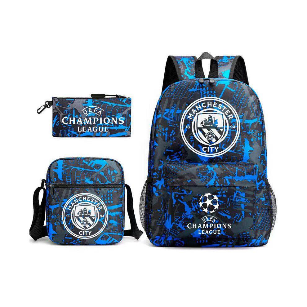 Ensemble 3 Pièces Sac à Dos Fan de Football Man City Unisexe Adolescent Étudiant Sac à Bandoulière d'École