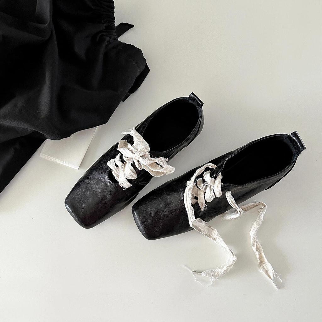 Leather version retro literary square head small leather shoes women's high sense thick heel lace-up temperament loafers shoes versatile single shoes