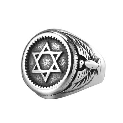 Punk Rock Titanium Steel Eagle Pattern Jewish Star of David Hexagram Round Finger Rings for Men Jewelry Size 7-12