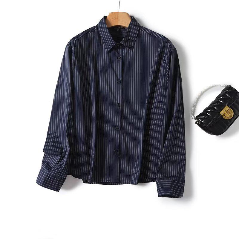 

Весна 2025 Женская полосатая рубашка с длинным рукавом свободного кроя с отложным воротником Medium темно-синий