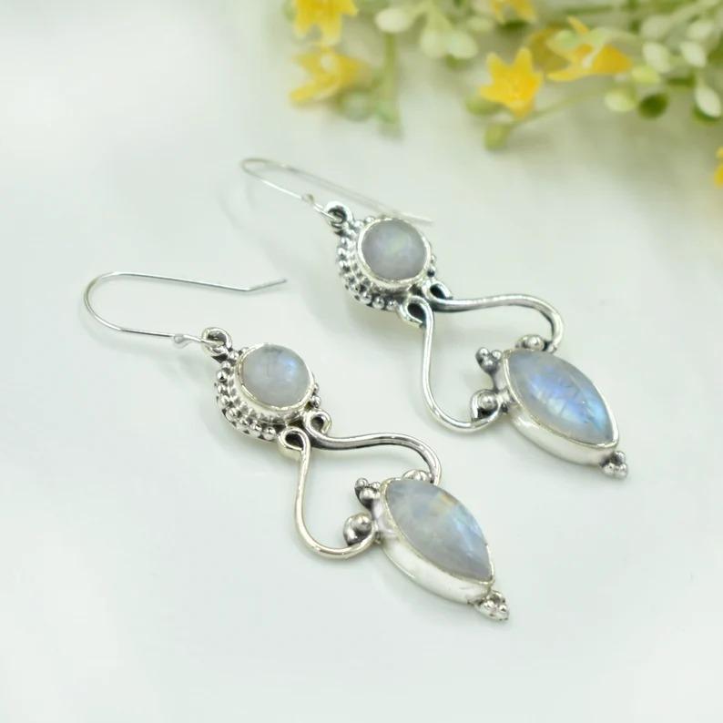 Rainbow Moonstone Gemstone Earring, Dangle Earring, Bezel Earring, Charm Jewelry, Handmade Earring, 925 Silver Earring