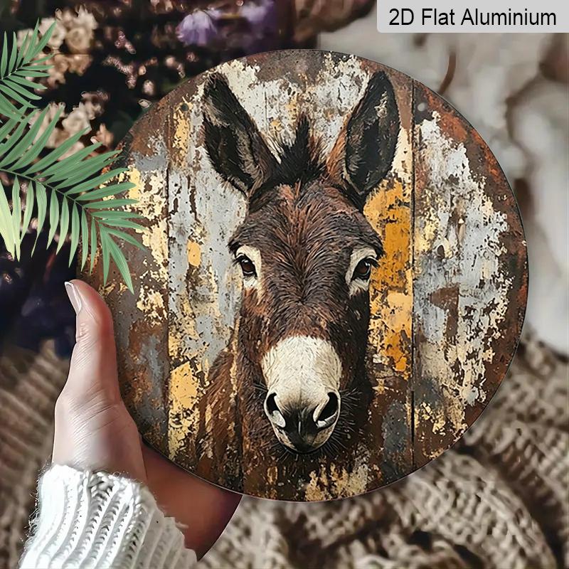 2D Flat, 1pc Round Aluminum Donkey Portrait Vintage Metal Sign, Retro Farm Animal Art Print with Distressed Rustic Finish - Vintage Wooden Background
