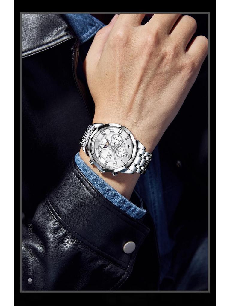 Oulishi Herren Multifunktions-Chronograph mit massivem Stahlarmband und Faltschließe