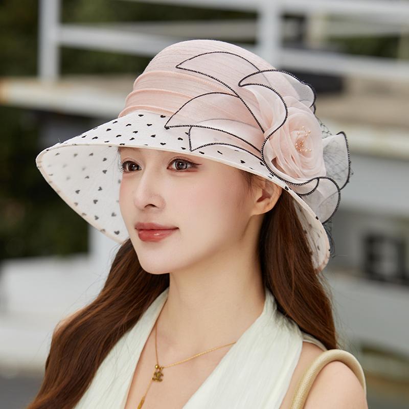 New Fashion Elegant Flowers Organza Dot Church Hat For Women Foldable Wedding Party Hat Summer Beach Protection Sun Cap