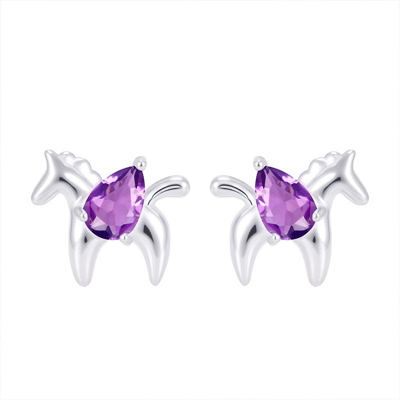S925 Sterling Silver Horse Stud Earrings Natural Crystal/Garnet Inlaid Jewelry for Women 925 silver