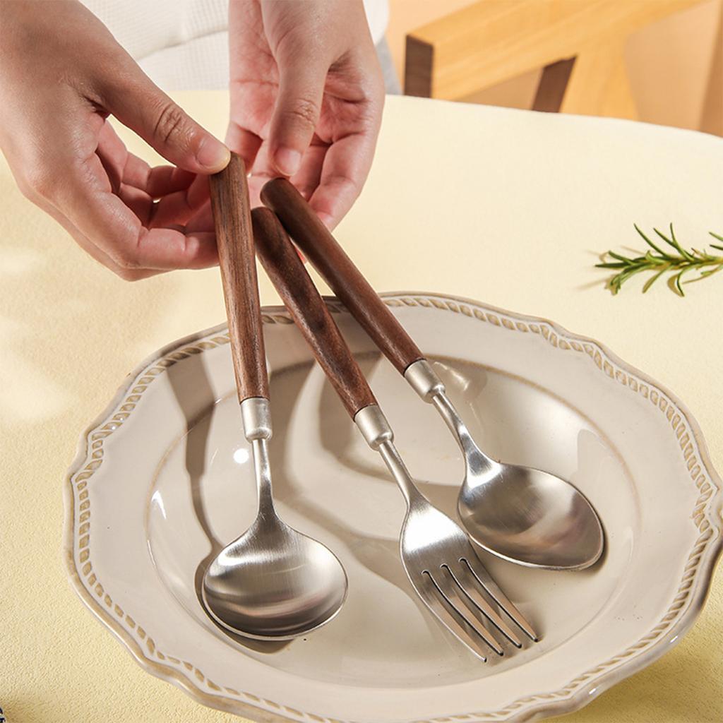 Cutlery Set with Walnut Wood Handle, Steak Knife Fork Spoon, Durable Thick Flatware for Steak, Dessert, Western Style Tableware