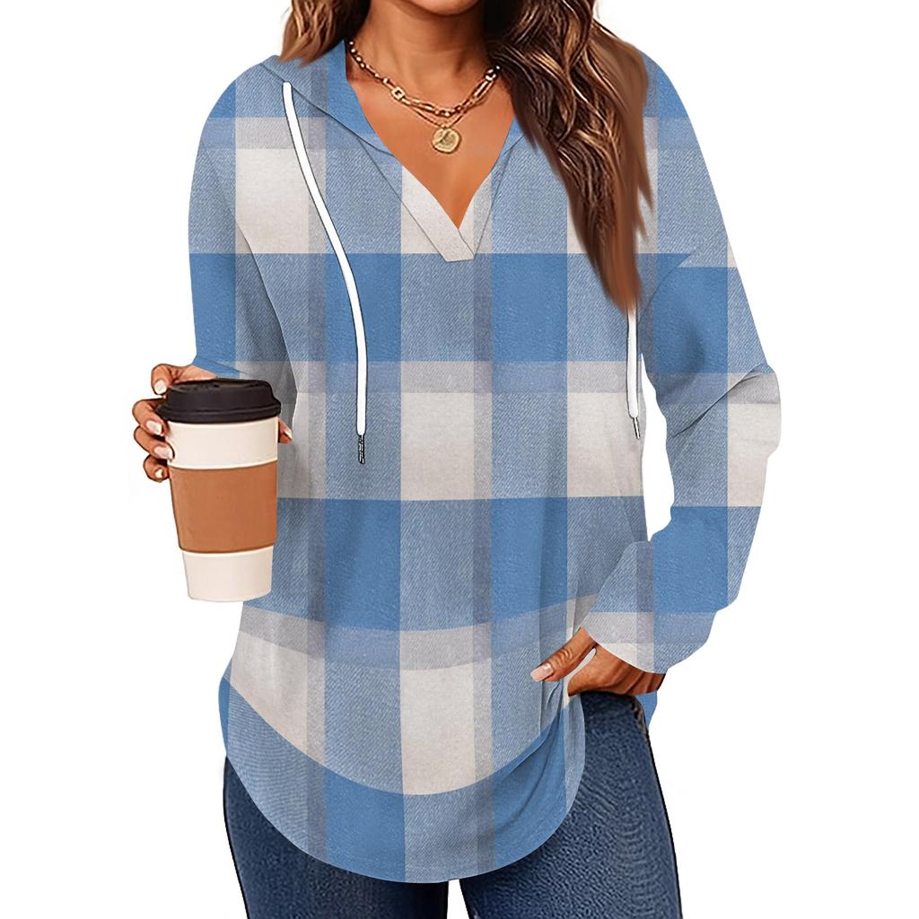 Damenmode Kapuzenpullover V-Ausschnitt Langarm Geblümter Kordelzug Lässig Locker Pullover Tops