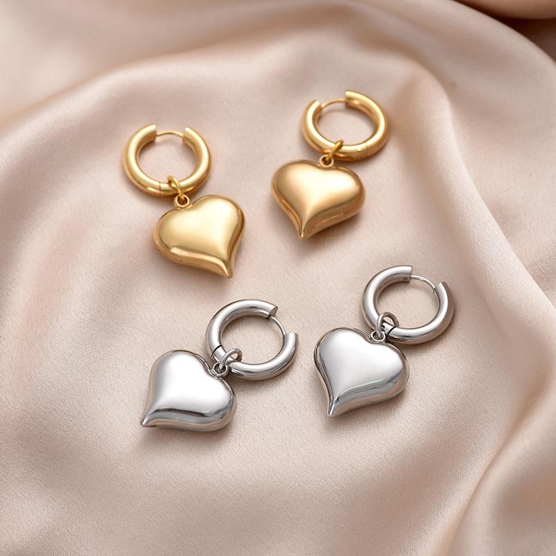 Classic Stainless Steel Heart Pendant Round Hoop Earrings For Women Gold Silver Color Big Statement Female Jewelry Earrings Gift