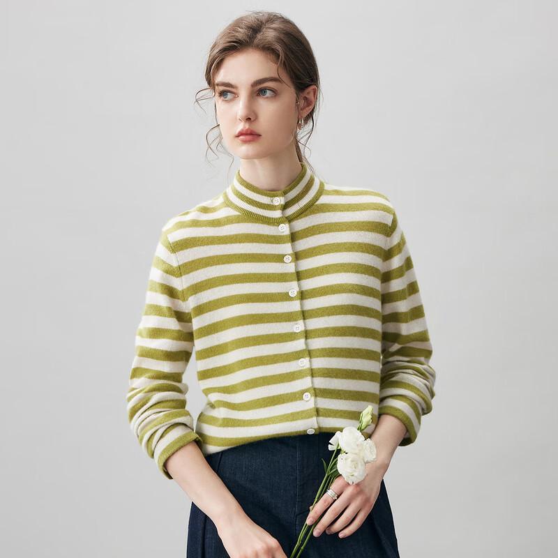 Komomboka Damen Gestreifter Kaschmir Cardigan mit Halbhohem Kragen