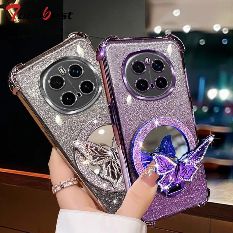 Glitter Butterfly Mirror Crystal Bracelet Case For Huawei Honor Magic 7 6 5 4 3 Pro Shockproof Plating Silicone Cover