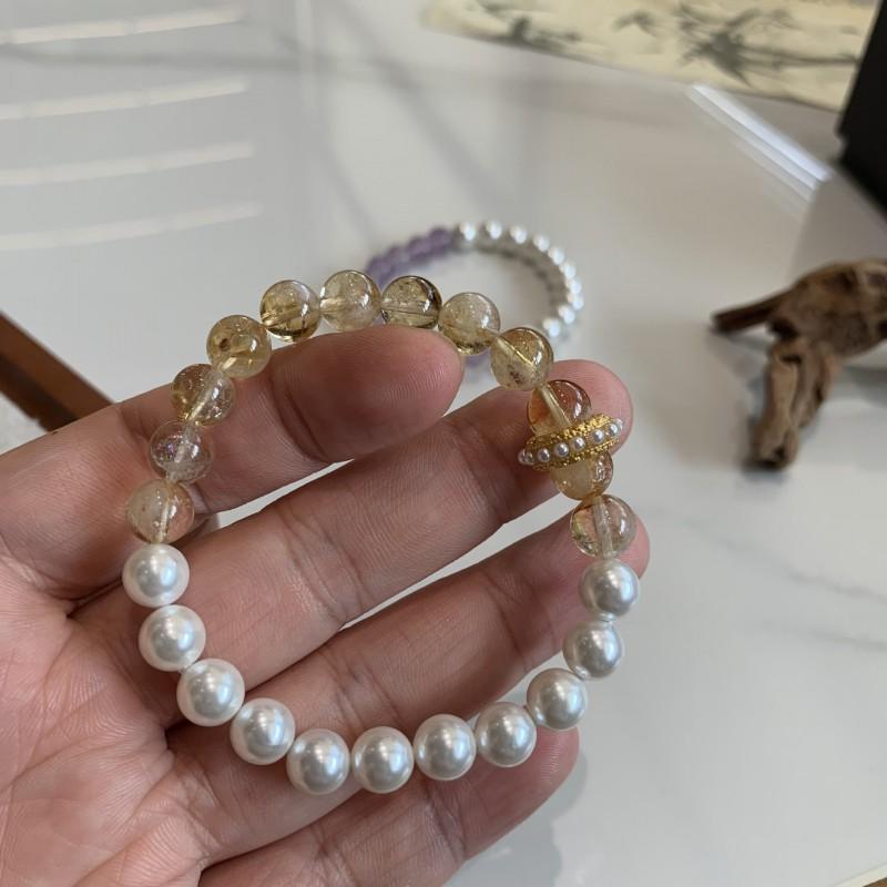 Natural Crystal Bracelet With Amethyst Citrine Beads Minimalist Double-Color Design Handmade Adjustable Ring Slider