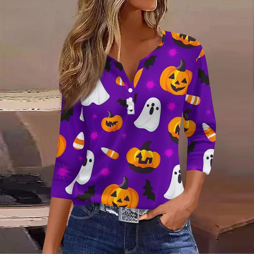 Women's Casual Fashion V-neck Loose Versatile Halloween Print Three-quarter Sleeve Top
