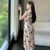 Chiffon Sexy Retro Style Sleeveless Printing Disc-buckled Cheongsam Dress Women's Summer Waist-wrapped Hip-split Mid-length Dress