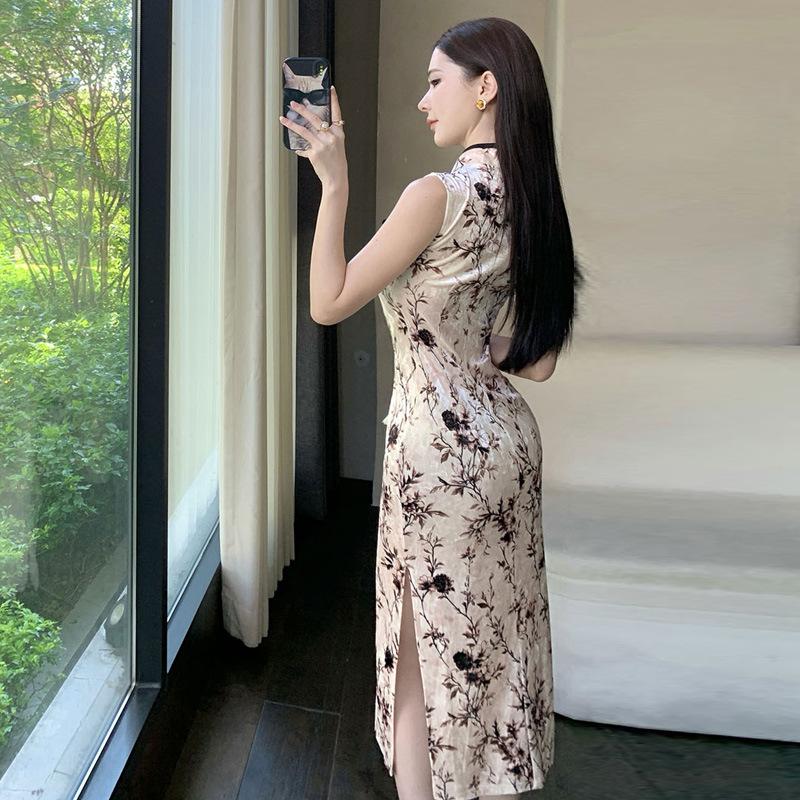 Chiffon Sexy Retro Style Sleeveless Printing Disc-buckled Cheongsam Dress Women's Summer Waist-wrapped Hip-split Mid-length Dress