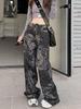 Dragon Pattern Raw Edge Wide-Leg Jeans: Trendy Unisex Slim-Fit Pants