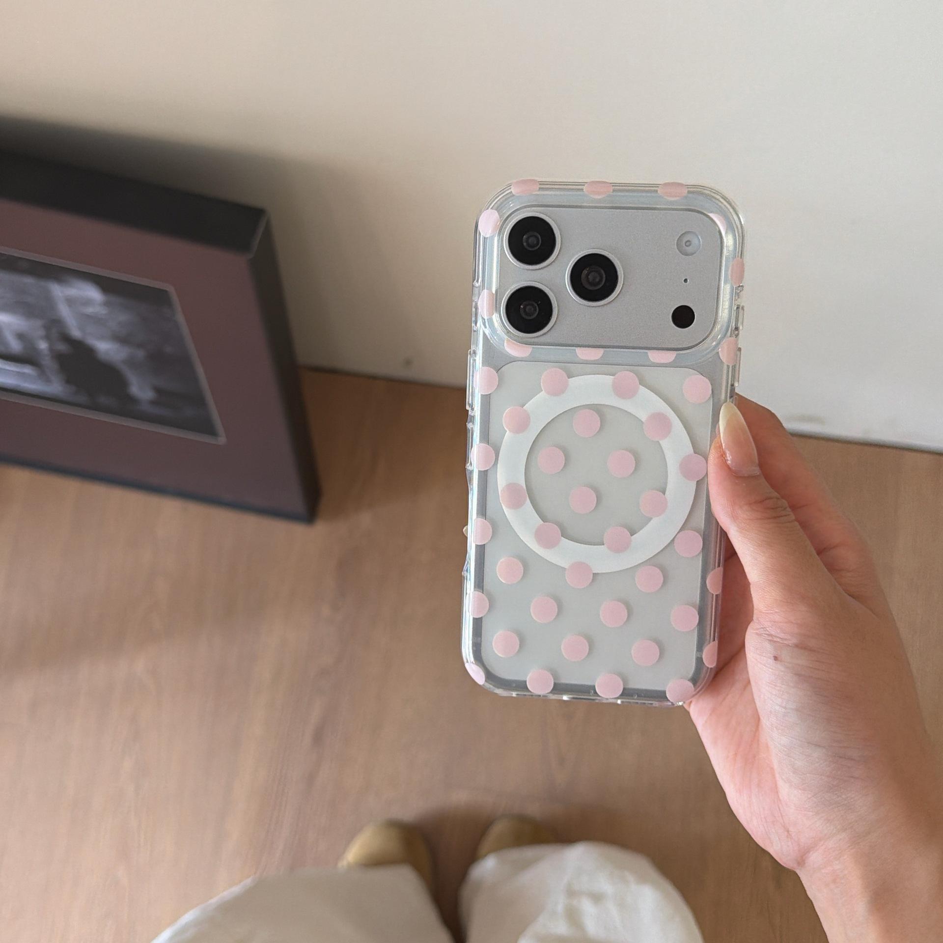 

Sweet Pink Polka Dot Magnetic iPhone16/17 Pro Max Lily Flower Stand Case iPhone 14 Pro Max