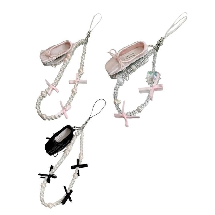 Sweet Bowknot Ballet Shoes Anti-lost Strap Crystal Pearl Beaded Phone Chains