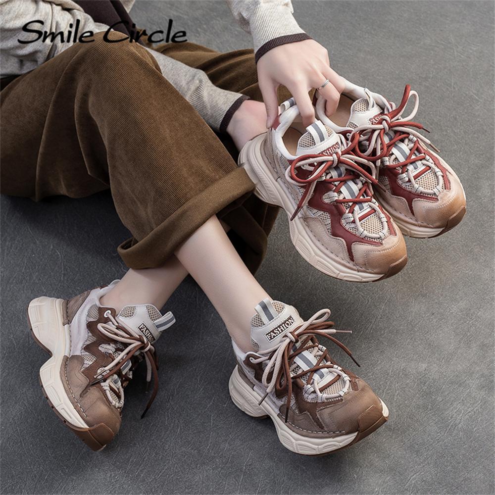 Damen Sneakers aus echtem Leder mit runder Zehenpartie und zunehmender Höhe, modische Freizeitschuhe mit dicker Sohle