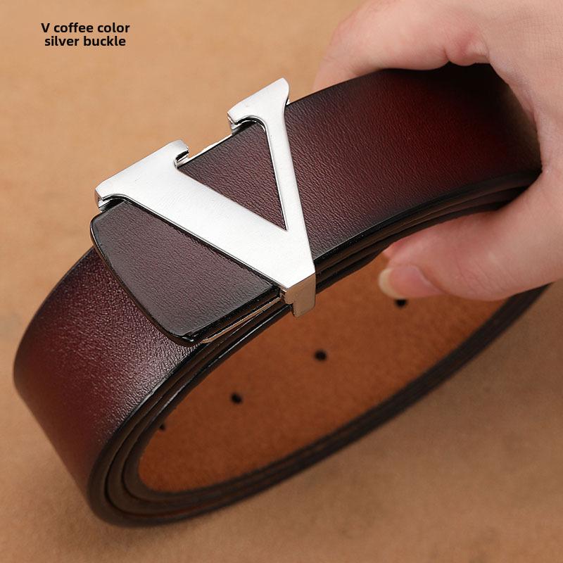 Men's Retro Smooth Buckle Belt - Large Size Genuine Leather Cowhide with Letter V Design