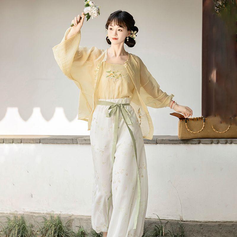 Cămașă cu gât rotund și pantaloni bufant hanfu în stilul dinastiei Song chineze pentru femei, costum de zi cu zi de primăvară și vară