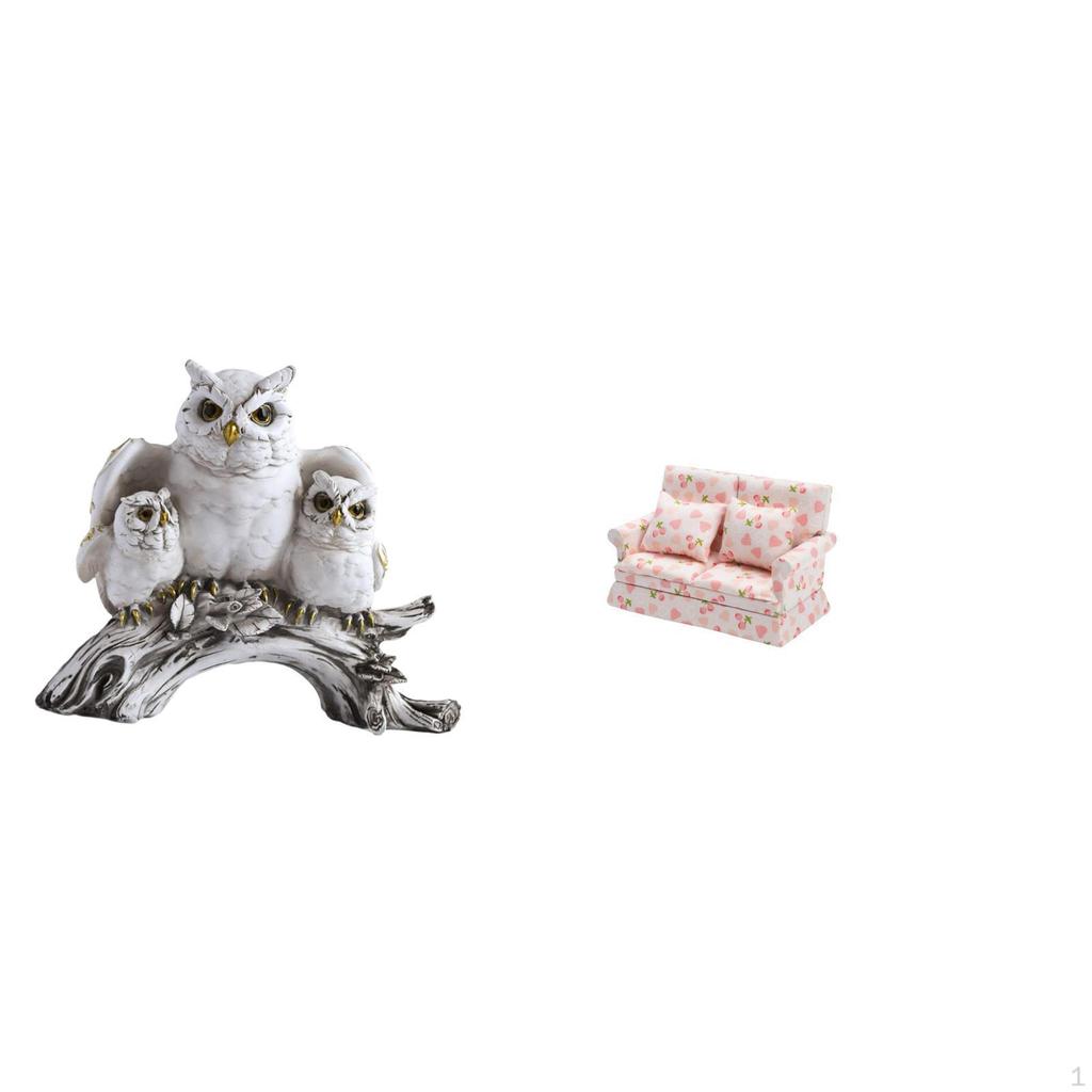 Modern Owl Sculpture Figurine for Living Room Office Cabinet Decor with Dollhouse Couch 1/12 Scale