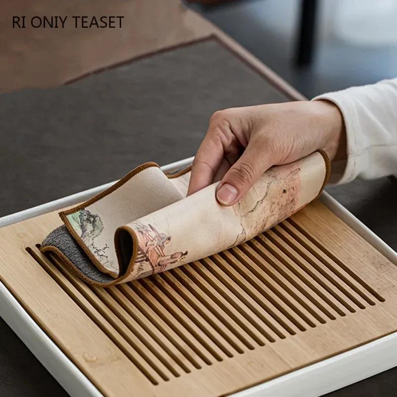 Chinese Painted Flower Pattern Thickened Tea Towel Plush Imitation Deerskin Absorbent Water Rag Tea Napkins Cloth Tea Ceremony