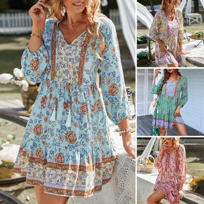 Dámské květinové boho šaty pro volný čas s dlouhým rukávem splývavé krátké šaty s volným výstřihem do V, s knoflíkem dolů šaty do áčka, mini plážové letní šaty