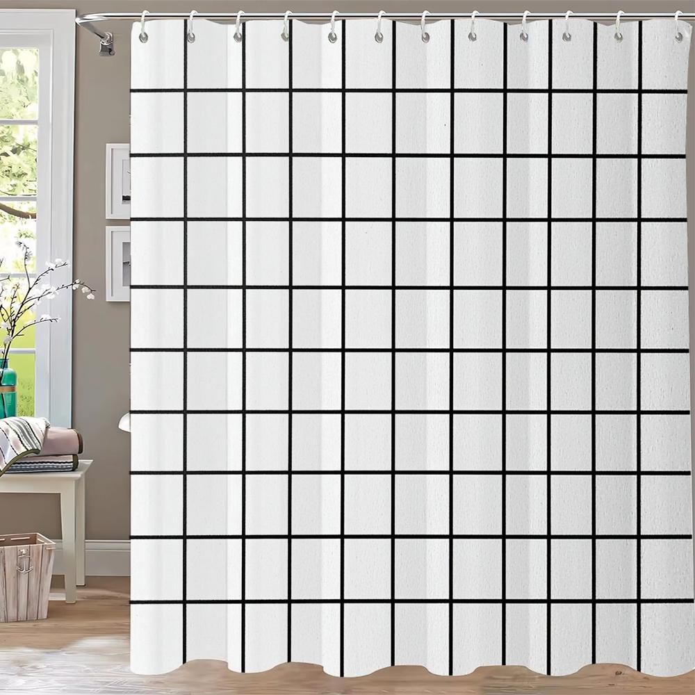 Black and White Plaid Pattern Shower Curtain Abstract Bohemian Fabric Shower Curtain with Hooks Waterproof Bathroom Decoration