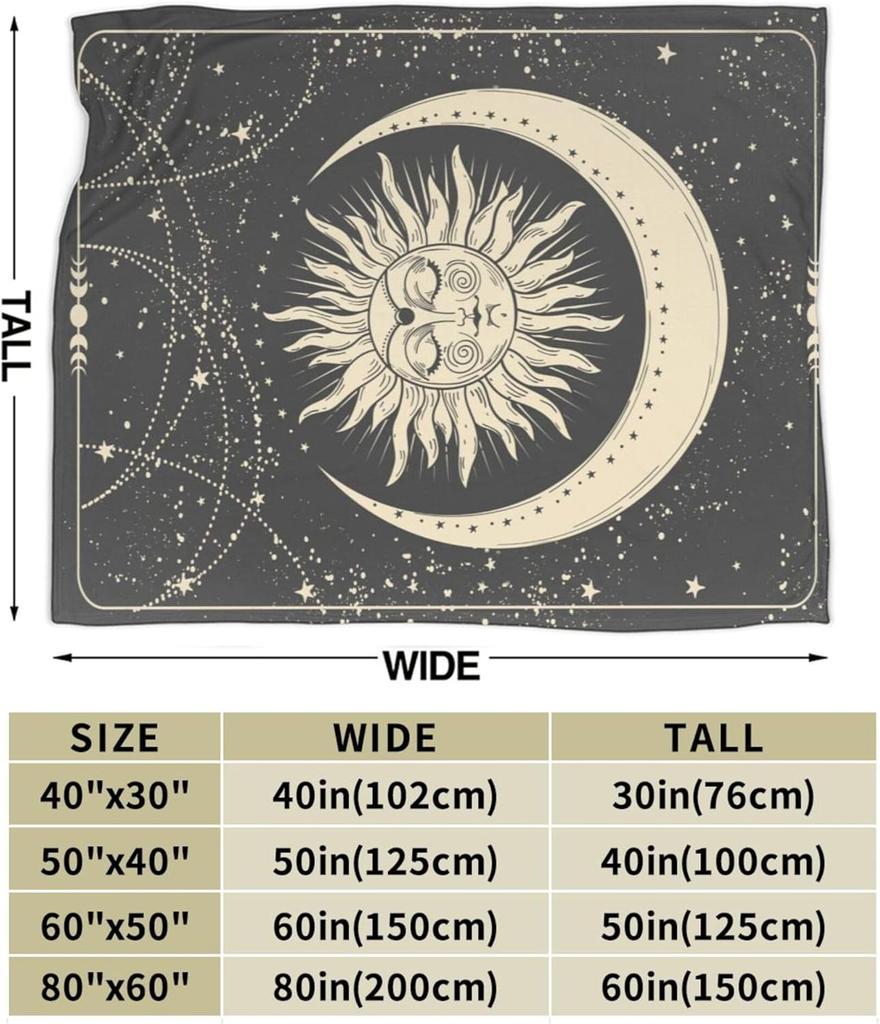 Tarot Sun and Moon Flannel Fleece Throw Blankets, Boho Sun Moon and Star Cozy Blanket On for Home Bedroom Living Room Office Dor