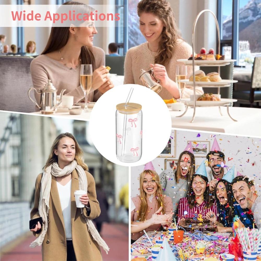 4pcs Bow Glass Cups with Lids and Straws 16oz Can Shaped Drinking Glasses Set Iced Coffee Cup Beer Glasses Tumbler